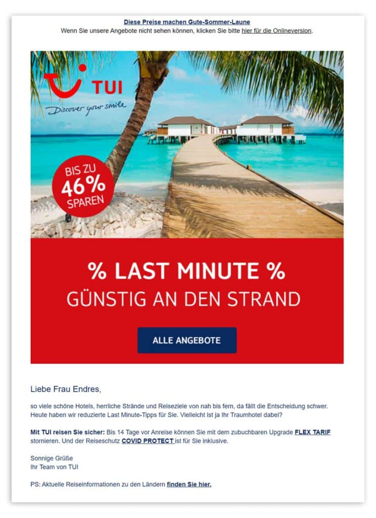 Zu sehen ist eine E-Mail mit dynamisch angepassten Angeboten von TUI als After Sales Beispiel.