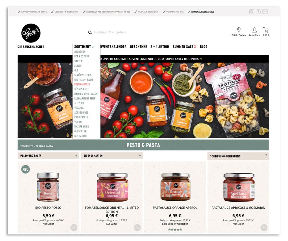 Screenshot der Kategorieseite "Pesto & Pasta" im Online Shop von Gepp's als Beispiel für den Einsatz von Category Management.