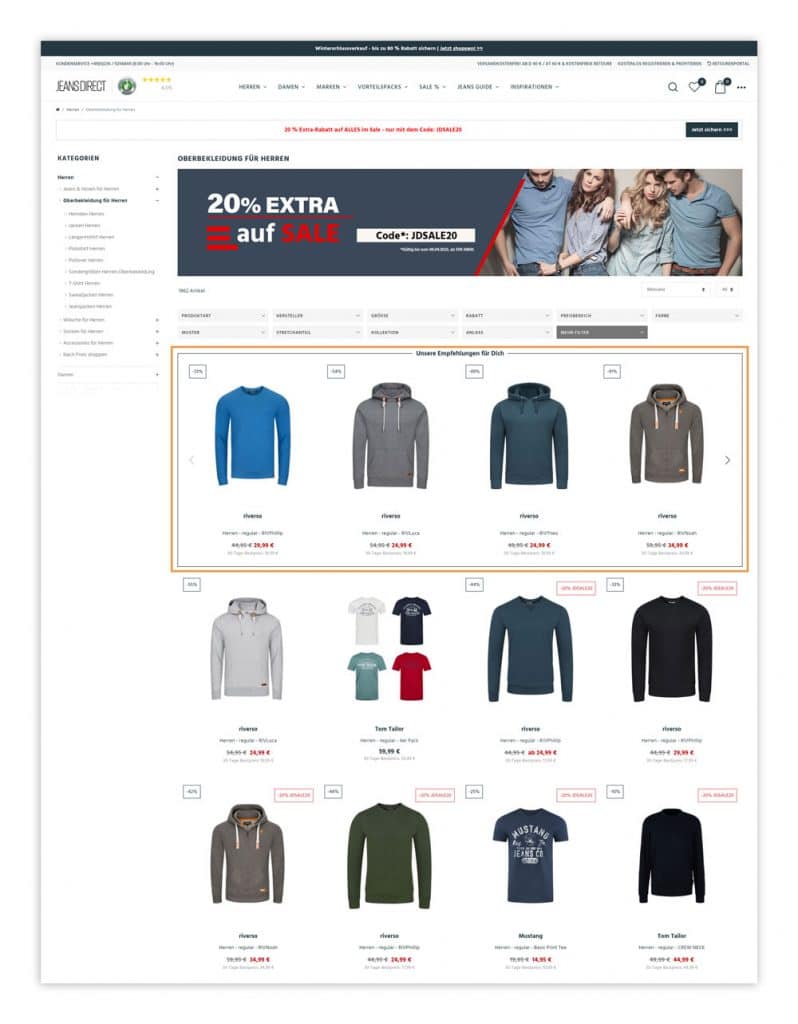 Screenshot einer Kategorie-Seite im Online Shop von Jeans Direct, auf der personalisierte Produktempfehlungen zu sehen sind