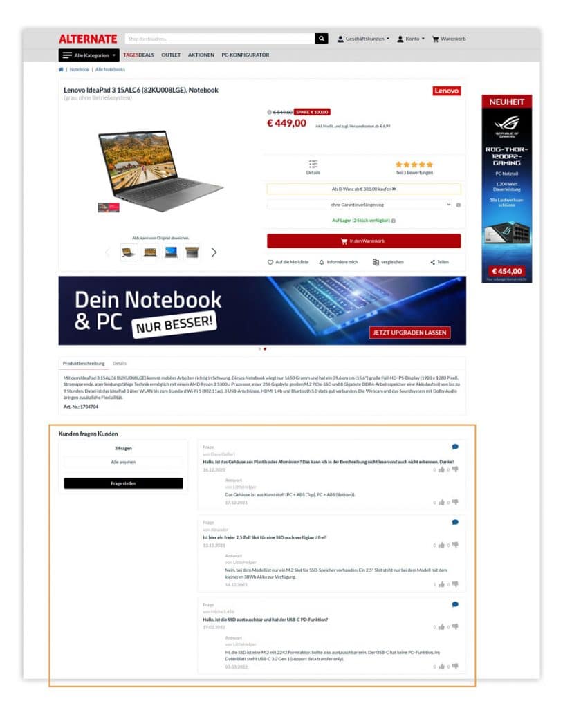 Das Bild zeigt eine Produktdetailseite im Online Shop von ALTERNATE mit einer Fragensektion als Beispiel für Customer Self Service im E-Commerce.