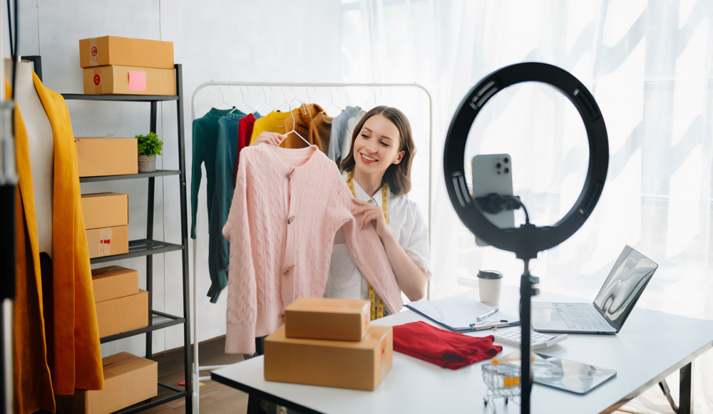 Zu sehen ist eine junge Frau, die ein Kleidungsstück per Live Shopping präsentiert.