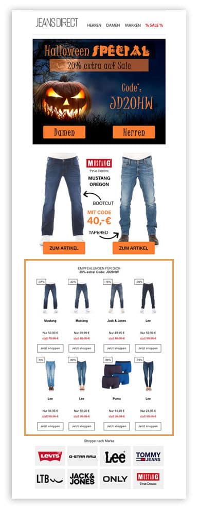 Echtzeit-Personalisierung in einer E-Mail von jeans-direct.de