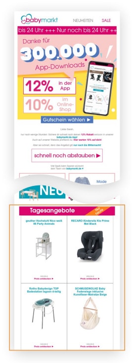 Der Screenshot zeigt einen Ausschnitt einer E-Mail von babymarkt.de mit Gutscheinen und Produktempfehlungen als Beispiel für eine mögliche Maßnahme der Kundenbindung im E-Commerce.