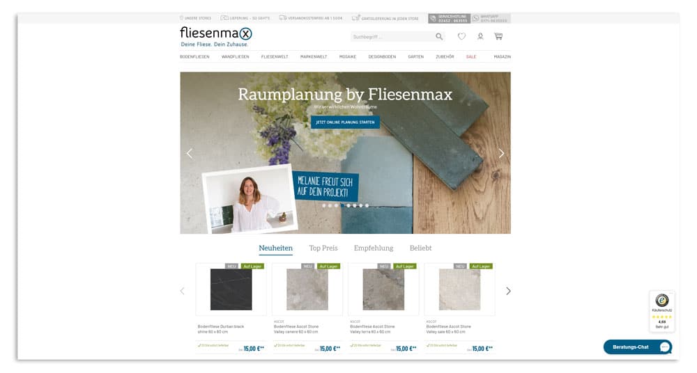 Screenshot des Online Shops von Fliesenmax, auf dem die Live-Chat-Funktion zu sehen ist.