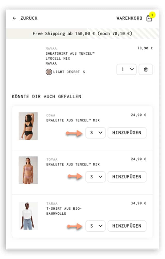 Zu sehen ist ein Warenkorb eines Online Shops. Die Vorschläge andere Produkte, werden in der passenden Größe angezeigt.