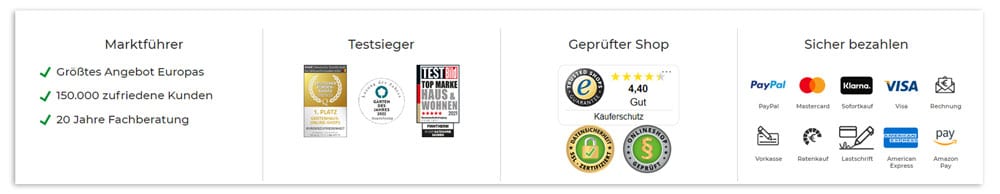 Dargestellt wird ein Screenshot aus dem Online Shop von A-Z Gartenhaus, auf dem verschiedene Trust Icons zu sehen sind.