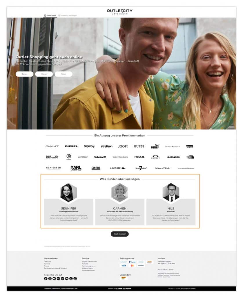 Der Screenshot zeigt Kundenzitate auf der Startseite von Outletcity als ein Beispiel für Social Proof .
