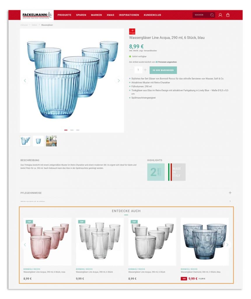 Auf dem Screenshot ist eine Produktdetailseite von Fackelmann zu sehen, auf der alternative Produktempfehlungen ausgepsielt werden.