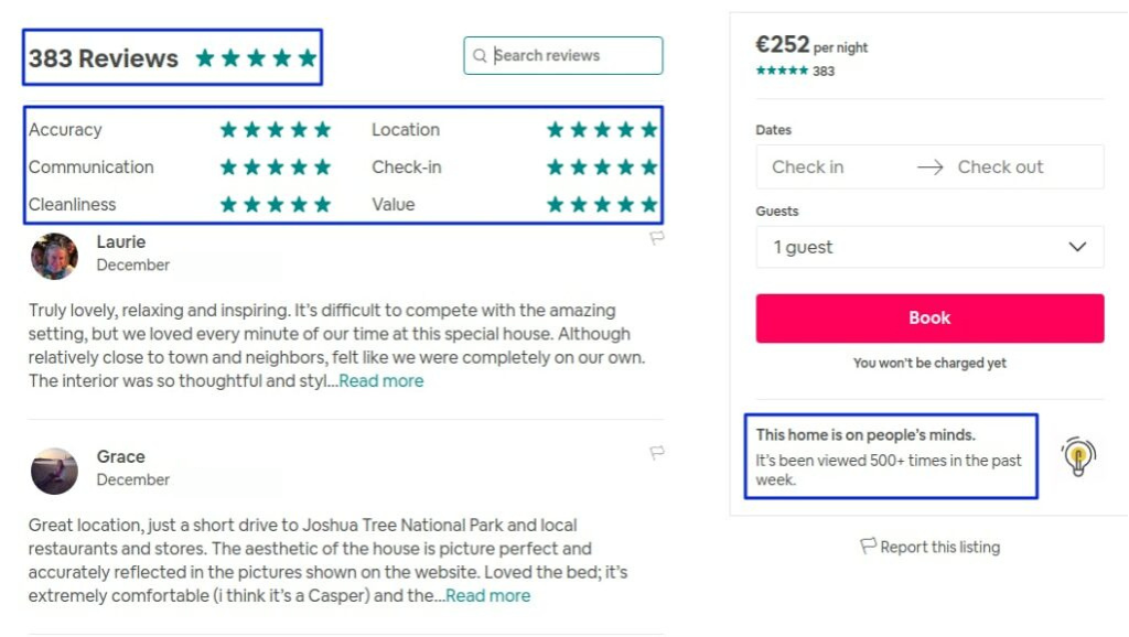 highlight and display reviews on airbnb