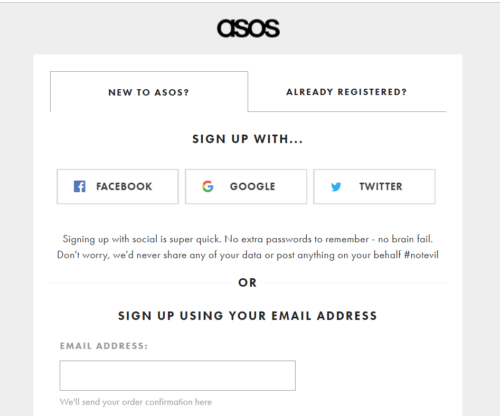 ASOS - social platforms for account creation
