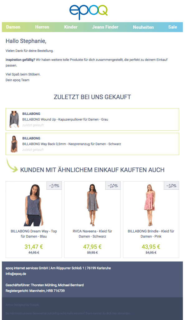 Der Screenshot zeigt eine personalisierte Transaktionsmail aus dem epoq Demo-Shop, die einen Online-Shopper nach dem Checkout-Prozess zurück in den Shop führen soll.