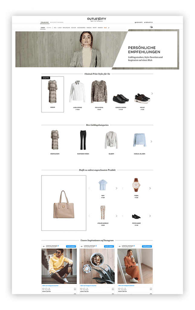 The image shows an example of a personalized shopping area in Outletcity Metzingen's online store as a one-to-one marketing measure.
