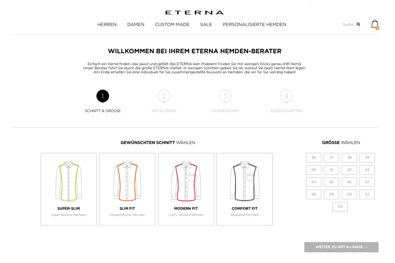Screenshot des Eterna Hemdenberaters als Visualisierungsbeispiel für einen Online-Produktberater.