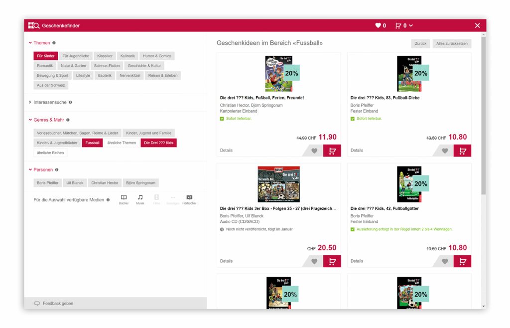 Der Screenshot zeigt den Geschenkefinder im Online Shop von Ex Libris als Beispiel für einen Online-Produktberater für selbsterklärende Produkte.